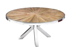 Runder Esstisch BARRACUDA 120cm braun Teak Massivholz Glasplatte silber Edelstahl verchromt