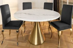 Runder Esstisch ELEGANCIA 130cm weiß Marmor gold Metall mit Säulenfuß