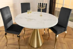 Runder Esstisch ELEGANCIA 130cm weiß Marmor gold Metall mit Säulenfuß