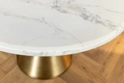 Runder Esstisch ELEGANCIA 130cm weiß Marmor gold Metall mit Säulenfuß