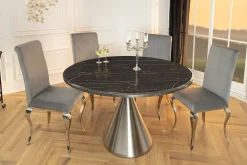 Runder Esstisch ELEGANCIA 130cm schwarz Marmor chrom Stahl mit Säulenfuß
