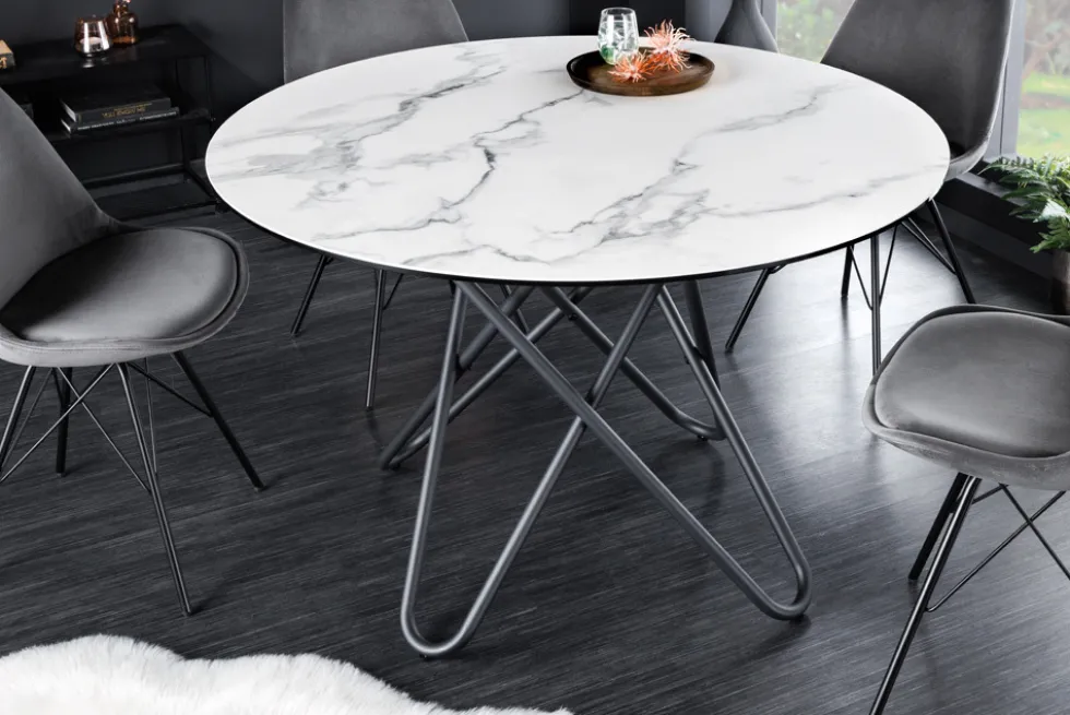 Runder Esstisch ELLIPSE 120cm Marmor weiß Keramik made in Italy Hairpin Legs