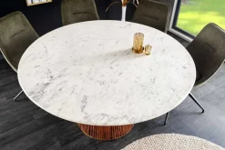 Runder Esstisch GATSBY 140cm braun gold Mangoholz weiße Marmorplatte Säulenfuß