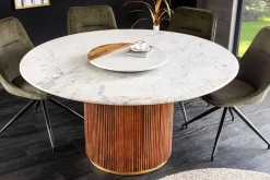 Runder Esstisch GATSBY 140cm braun gold Mangoholz weiße Marmorplatte Säulenfuß