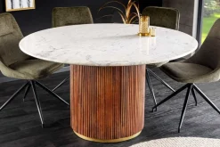 Runder Esstisch GATSBY 140cm braun gold Mangoholz weiße Marmorplatte Säulenfuß