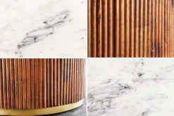 Runder Esstisch GATSBY 140cm braun gold Mangoholz weiße Marmorplatte Säulenfuß