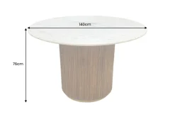 Runder Esstisch GATSBY 140cm braun gold Mangoholz weiße Marmorplatte Säulenfuß