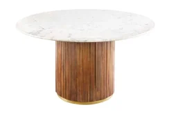 Runder Esstisch GATSBY 140cm braun gold Mangoholz weiße Marmorplatte Säulenfuß