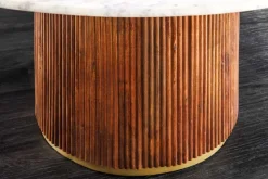 Runder Esstisch GATSBY 140cm braun gold Mangoholz weiße Marmorplatte Säulenfuß