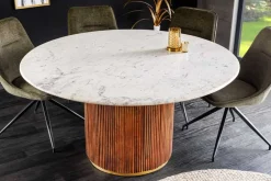 Runder Esstisch GATSBY 140cm braun gold Mangoholz weiße Marmorplatte Säulenfuß