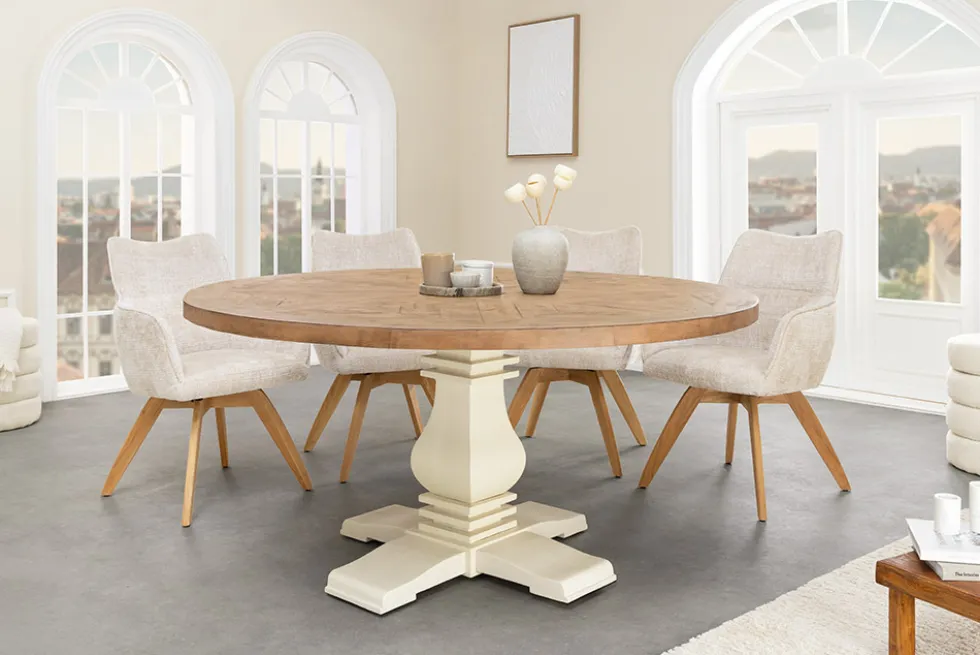 Runder Esstisch HAMPTONS 120cm hellbraun creme recycelte Pinie Massivholz