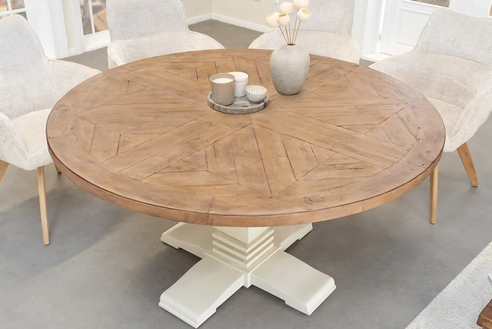 Runder Esstisch HAMPTONS 120cm hellbraun creme recycelte Pinie Massivholz
