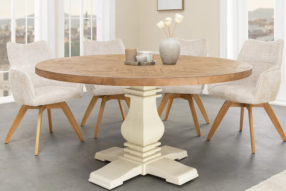 Runder Esstisch HAMPTONS 120cm hellbraun creme recycelte Pinie Massivholz