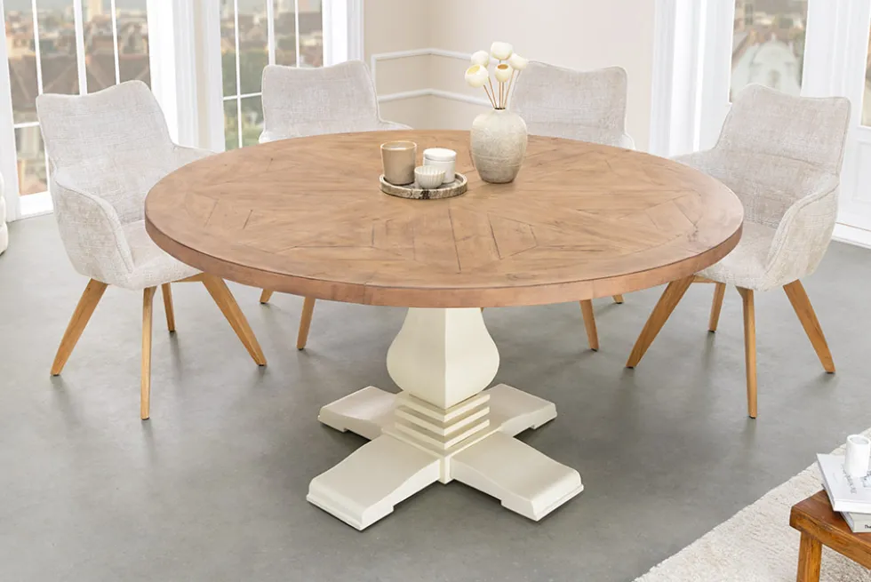 Runder Esstisch HAMPTONS 120cm hellbraun creme recycelte Pinie Massivholz