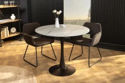 Runder Esstisch LYON 80cm weiß Marmor Keramik Bistrotisch schwarzer Säulenfuß