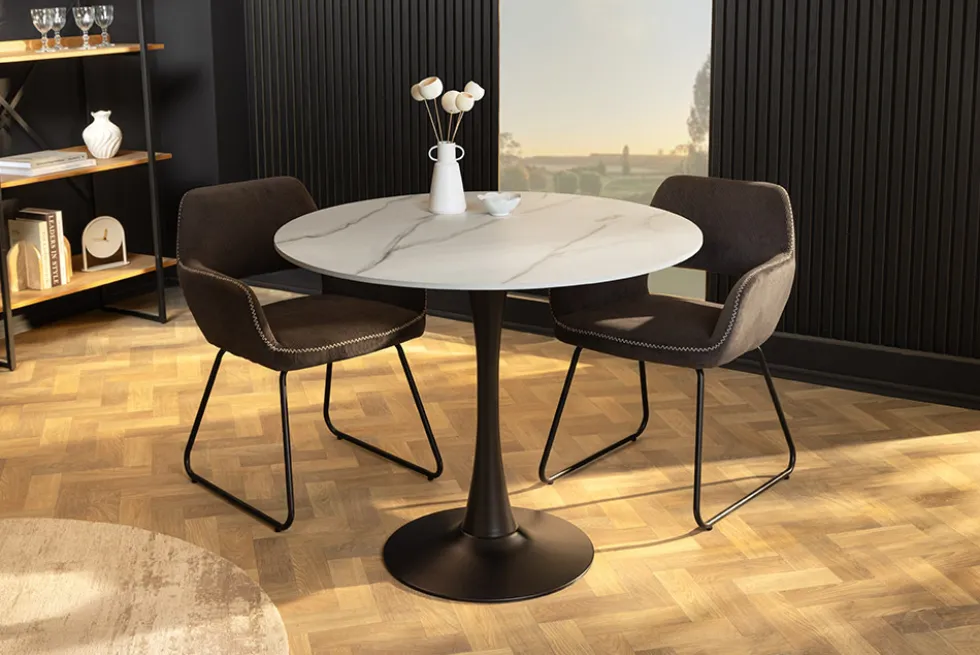 Runder Esstisch LYON 80cm weiß Marmor Keramik Bistrotisch schwarzer Säulenfuß