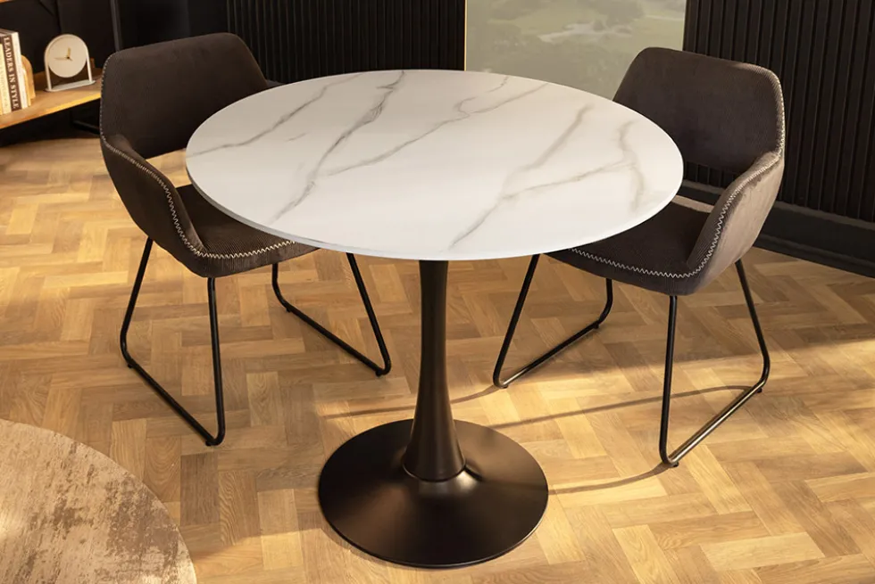 Runder Esstisch LYON 80cm weiß Marmor Keramik Bistrotisch schwarzer Säulenfuß