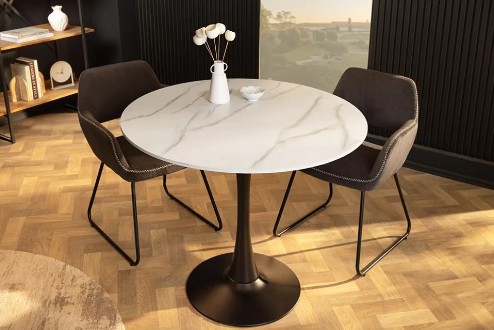 Runder Esstisch LYON 80cm weiß Marmor Keramik Bistrotisch schwarzer Säulenfuß