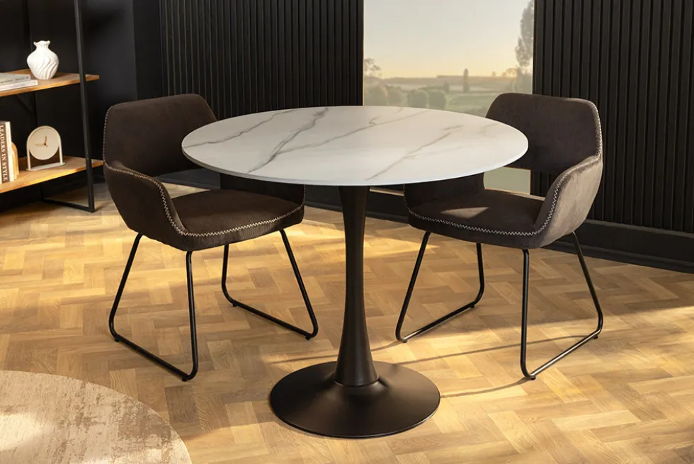 Runder Esstisch LYON 80cm weiß Marmor Keramik Bistrotisch schwarzer Säulenfuß