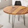 Runder Esstisch MAKASSAR 120cm braun Sheesham Massivholz stone finish Hairpin Legs