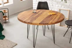 Runder Esstisch MAKASSAR 120cm braun Sheesham Massivholz stone finish Hairpin Legs