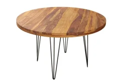 Runder Esstisch MAKASSAR 120cm braun Sheesham Massivholz stone finish Hairpin Legs