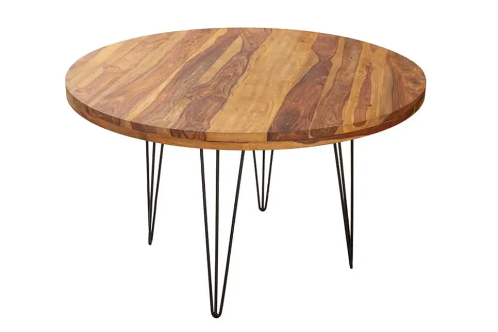 Runder Esstisch MAKASSAR 120cm braun Sheesham Massivholz stone finish Hairpin Legs