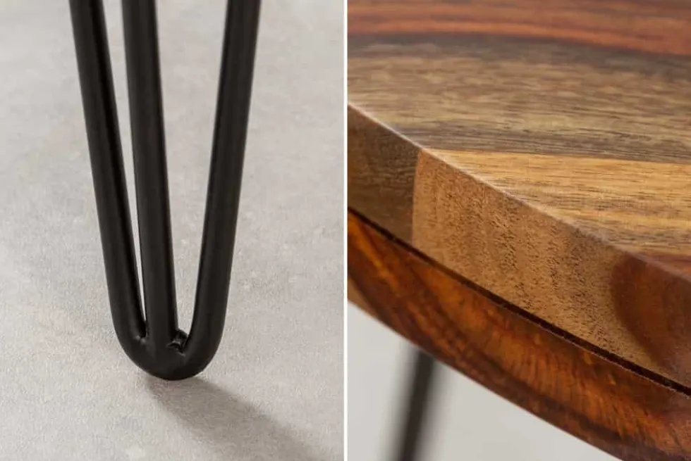 Runder Esstisch MAKASSAR 120cm braun Sheesham Massivholz stone finish Hairpin Legs