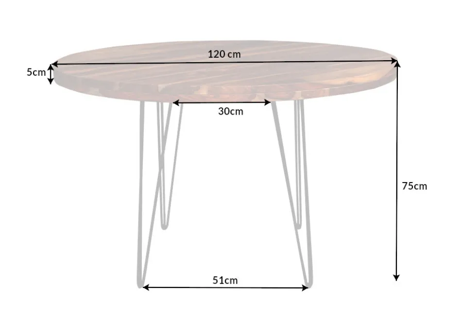 Runder Esstisch MAKASSAR 120cm braun Sheesham Massivholz stone finish Hairpin Legs