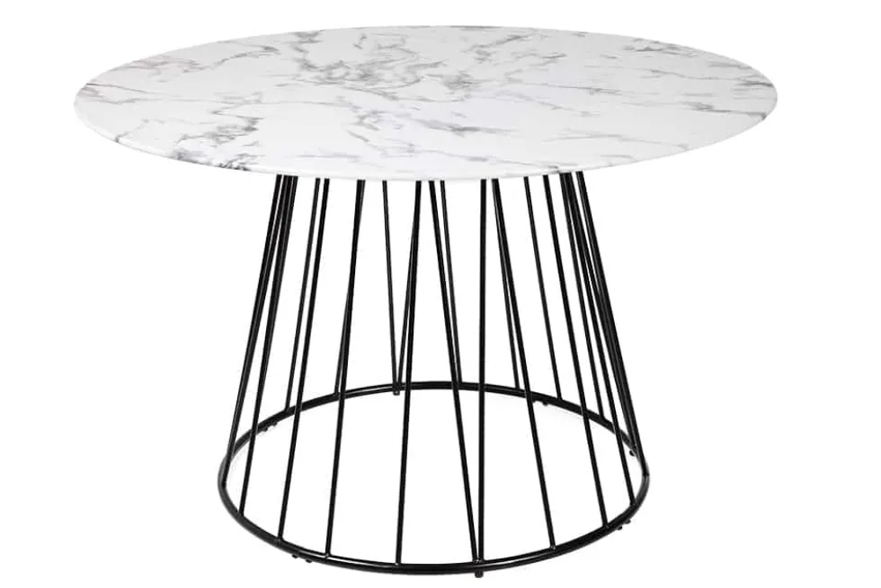 Runder Esstisch PARIS 120cm weiß Marmor-Design Glas schwarzes Metallgestell