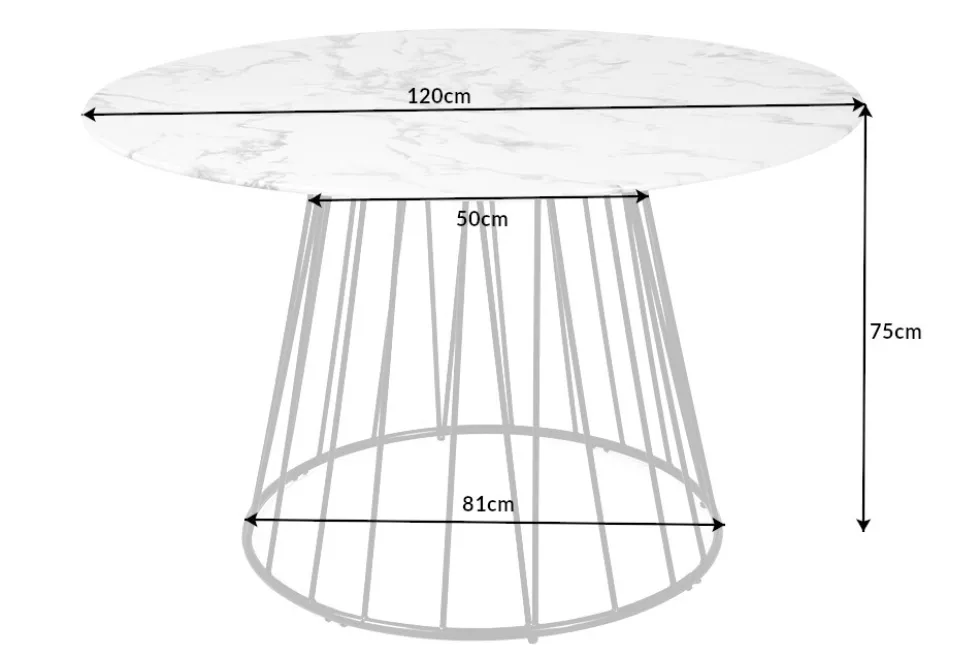 Runder Esstisch PARIS 120cm weiß Marmor-Design Glas schwarzes Metallgestell