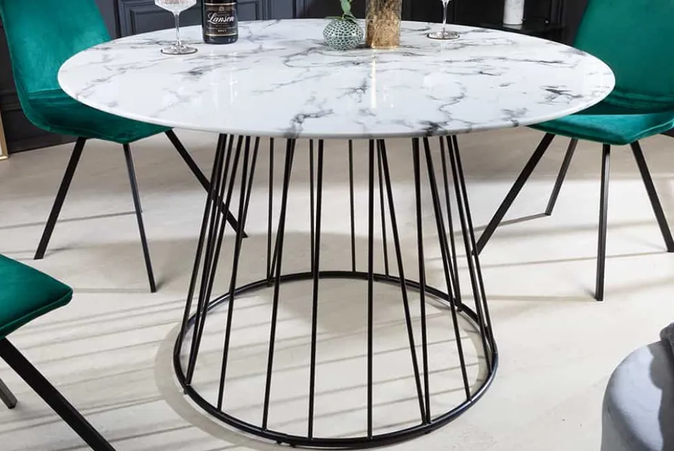 Runder Esstisch PARIS 120cm weiß Marmor-Design Glas schwarzes Metallgestell
