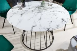 Runder Esstisch PARIS 120cm weiß Marmor-Design Glas schwarzes Metallgestell