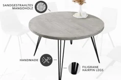Runder Esstisch SCORPION 80cm grau Mangoholz massiv schwarze Metallbeine Hairpin Legs