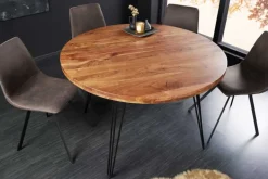 Runder Esstisch SCORPION 120cm Akazie natur Massivholz Hairpin Legs Retro Design