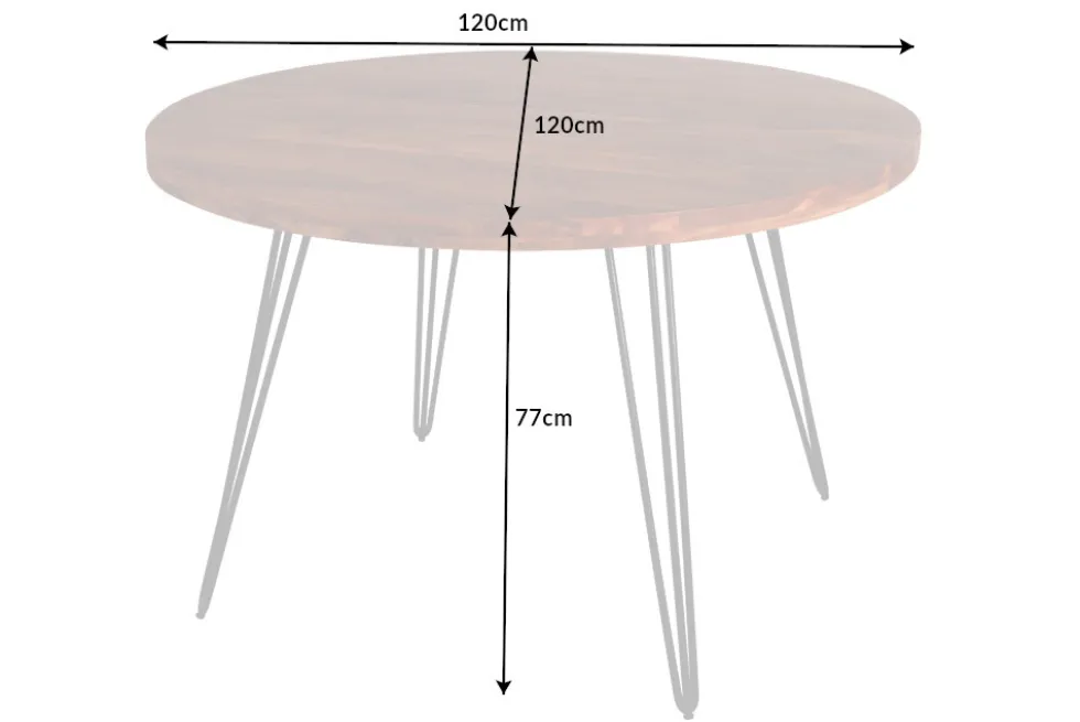 Runder Esstisch SCORPION 120cm Akazie natur Massivholz Hairpin Legs Retro Design