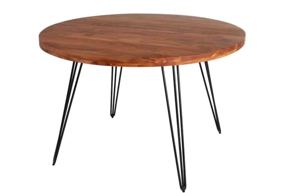 Runder Esstisch SCORPION 120cm Akazie natur Massivholz Hairpin Legs Retro Design