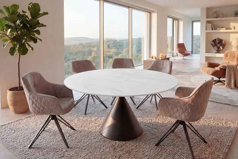 Runder Esstisch SIGNATURE 135cm weiß Marmor Keramik schwarzes Metallgestell Säulenfuß