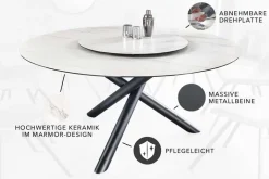 Runder Esstisch SPIN 150cm weiß mit 360° drehbarer Servierplatte Marmor Keramik schwarz