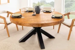 Runder Esstisch THOR 140cm natur massives Mangoholz schwarzes Metallgestell