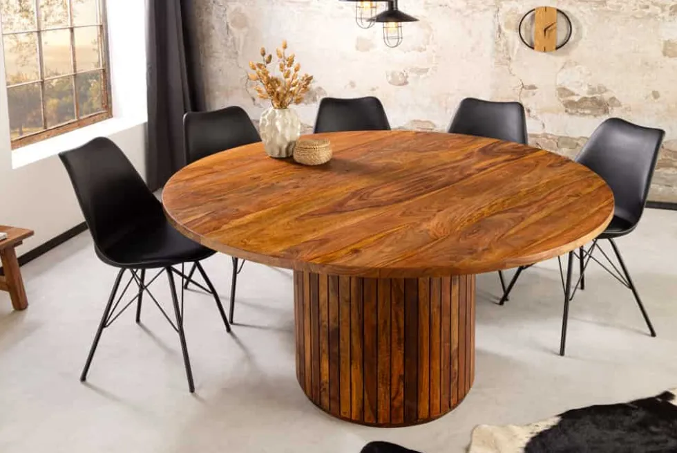 Runder Esstisch TRES CHIC 140cm braun Sheeshamholz stone finish massiv mit Säulenfuß