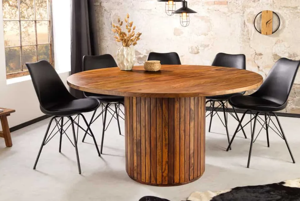 Runder Esstisch TRES CHIC 140cm braun Sheeshamholz stone finish massiv mit Säulenfuß