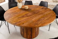 Runder Esstisch TRES CHIC 140cm braun Sheeshamholz stone finish massiv mit Säulenfuß