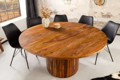 Runder Esstisch TRES CHIC 140cm braun Sheeshamholz stone finish massiv mit Säulenfuß