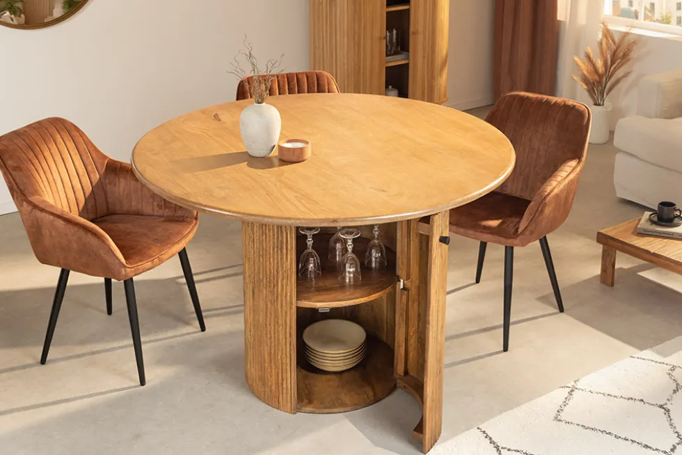 Runder Esstisch TRES CHIC 120cm braun Mangoholz Massivholz mit Stauraum
