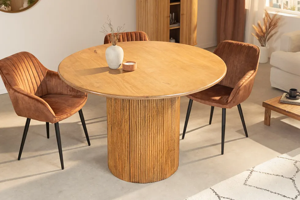 Runder Esstisch TRES CHIC 120cm braun Mangoholz Massivholz mit Stauraum