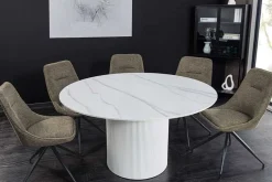 Runder Esstisch UNIQUE 120cm weiß Keramik mit Säulenfuß