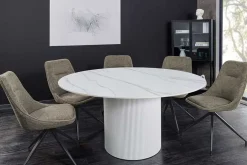 Runder Esstisch UNIQUE 120cm weiß Keramik mit Säulenfuß