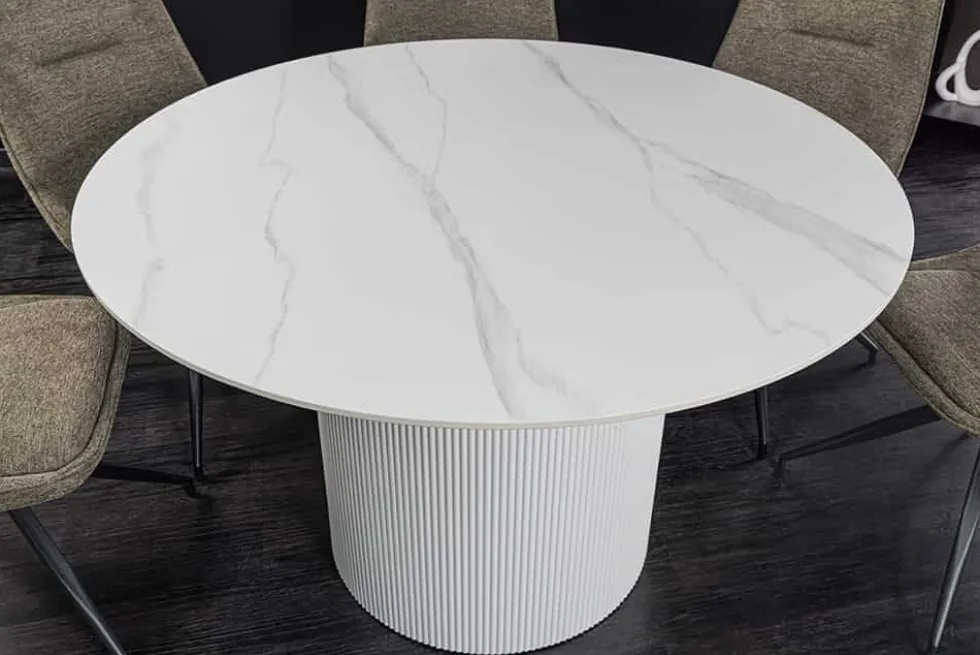 Runder Esstisch UNIQUE 120cm weiß Keramik mit Säulenfuß