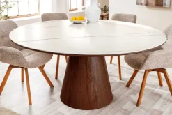 Runder Esstisch UNIQUE 120cm weiß braun Walnussholz Keramik Marmor Säulenfuß